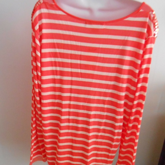 Women's Plus Size Stripe V Neck T Shirt Orange White Striped Sequins NWT - Picture 11 of 11